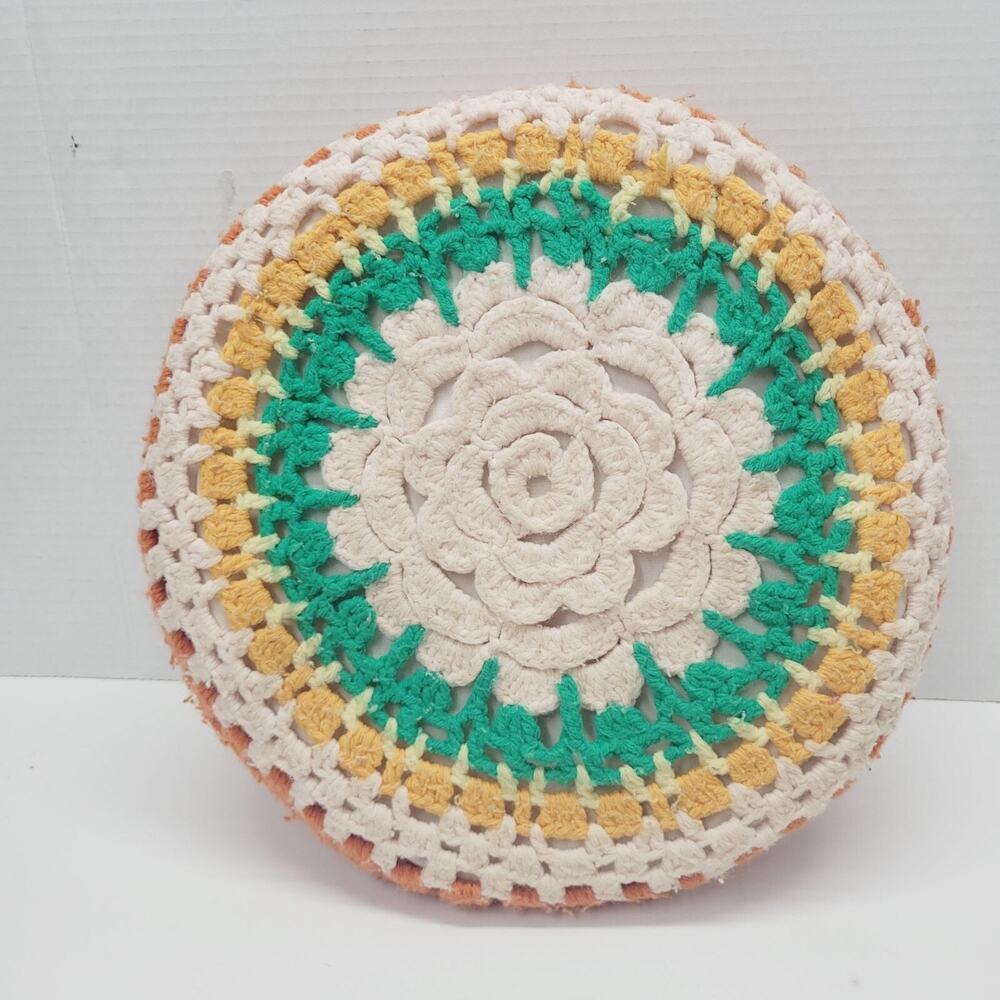 Vintage Handmade Round Flower Crochet Cushion 12" Diameter Orange Yellow Green